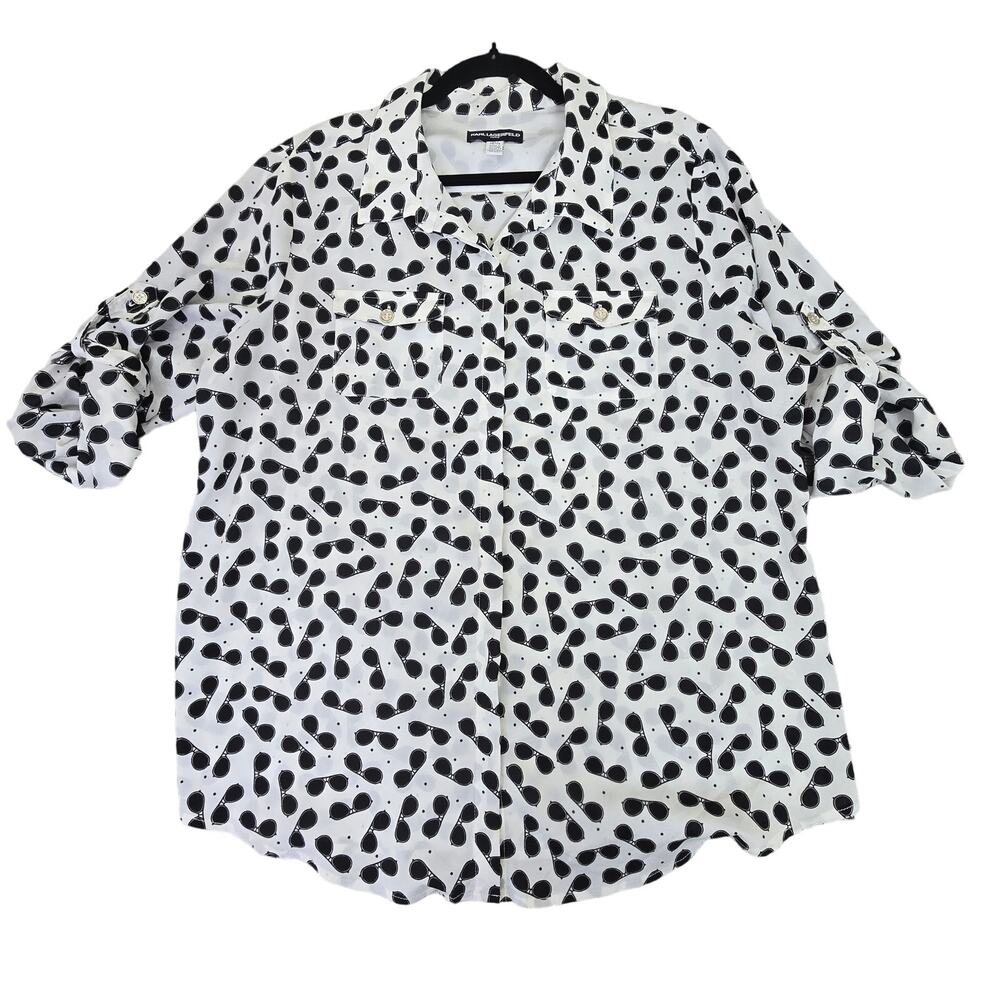 Karl Lagerfeld Top Womens XL Black White Shades Button UP Vacay Collared Blouse